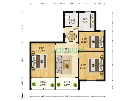 华东花苑 3室2厅1卫 103平方
