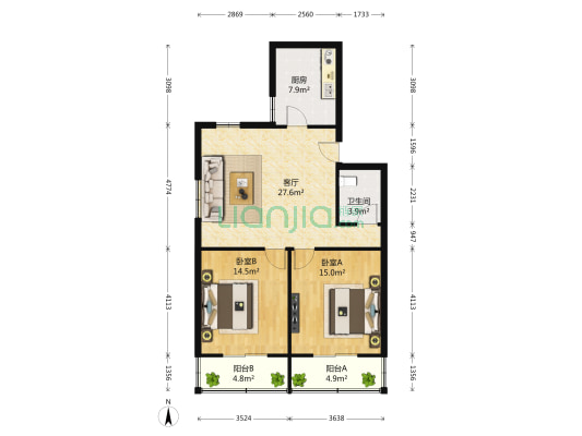 金田花园 2室1厅1卫 87平方