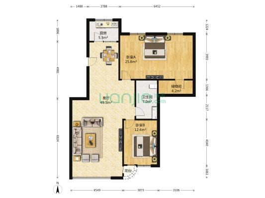 龙祥花园 2室1厅1卫 141平方