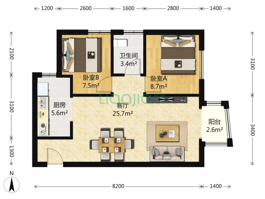天洋城4代北区 2室1厅1卫 76平方