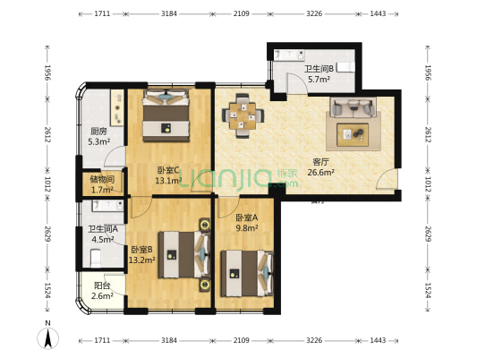 颐和花园 3室1厅2卫 116平方
