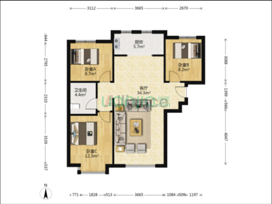 涿州东站高铁新干线精装南北通透三居室，花园式小区-户型图