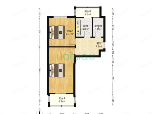 工商局小区-冠云西路 2室1厅 南-户型图