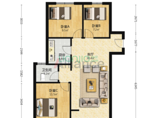 鸿坤理想尔湾 3室2厅 南 北-户型图