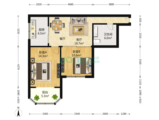 长宁大厦 2室2厅1卫 87平方