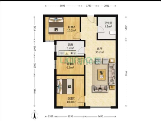 高铁新干线 不遮挡三居室  看房方便-户型图