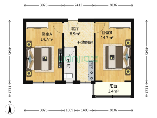 北环路小区 2室1厅1卫 56平方