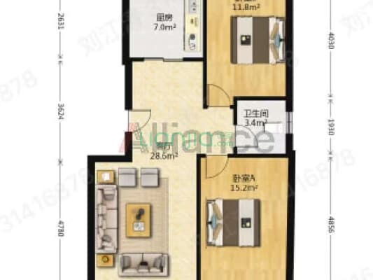 联合小区六号院 2室2厅 南 北-户型图