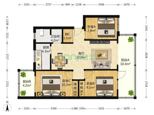 金仙桥路15号川铁宿舍 3室1厅1卫 89平方