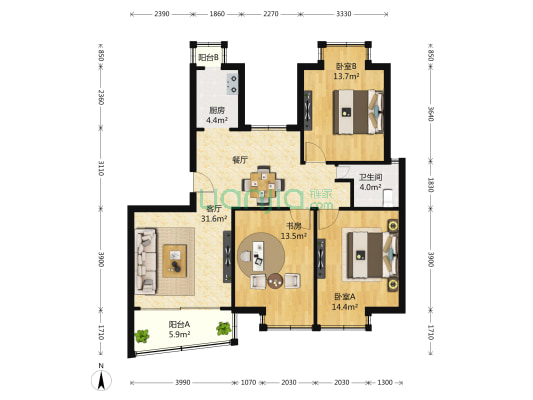 新梅共和城 3室2厅1卫 117平方