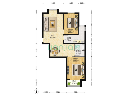 紫金新干线二期 2室1厅1卫 91平方