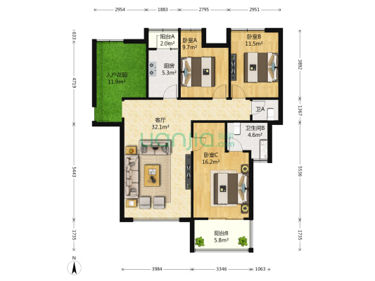 复地优尚国际一期 3室1厅2卫 126平方