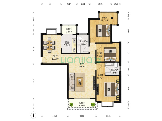 傲海星城 3室2厅2卫 140平方