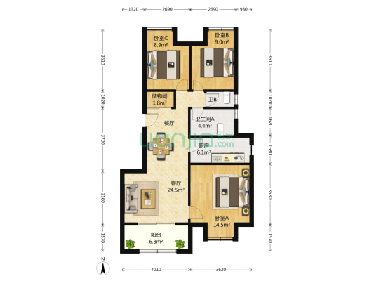 万科锦源(公寓) 3室2厅1卫 89平方