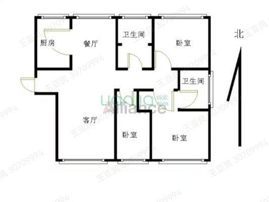 户型方正，三面朝南，南北通透三居双卫-户型图