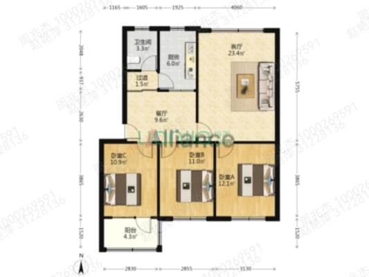 政法街 集中供暖 南北通透三居带小院-户型图