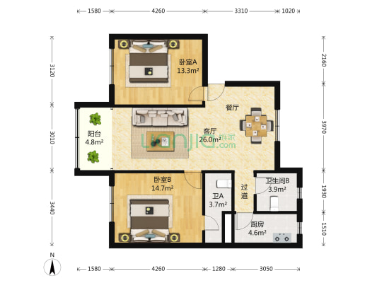 葡萄园新村 2室2厅2卫 92平方
