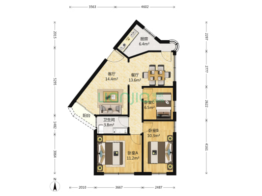 东安花园 3室2厅1卫 85平方