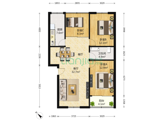 凤凰大街13号 3室1厅1卫 106平方