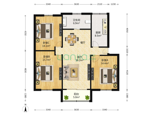 青松路80弄 3室2厅1卫 123平方