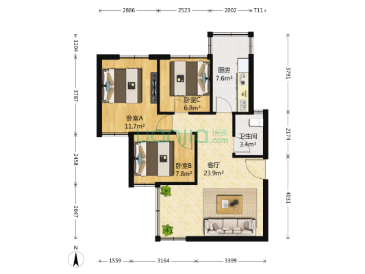 金湖花园B区 3室1厅1卫 78平方
