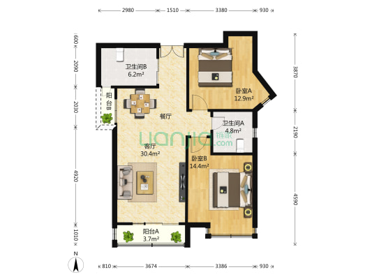 徐汇公寓 2室1厅1卫 93平方