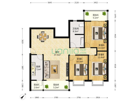 华西怡园 3室1厅1卫 122平方