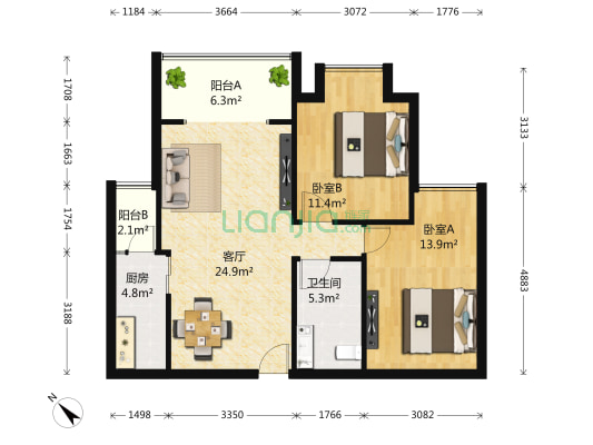 东方锦都 2室1厅1卫 91平方