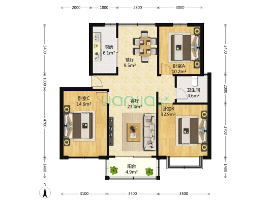 中冶尚园 3室2厅1卫 116平方