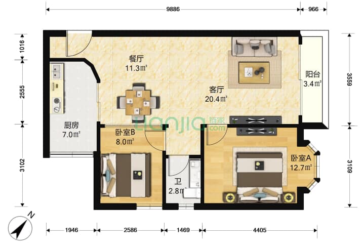 嘉逸花园 2室2厅1卫 77 户型