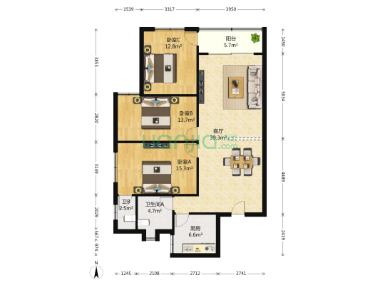 观枫园 3室1厅2卫 125平方