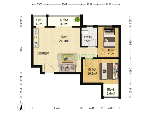 南北通透两居室 高层无遮挡 满五年唯一