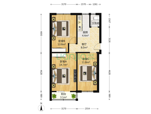 秀水园 3室1厅1卫 77平方