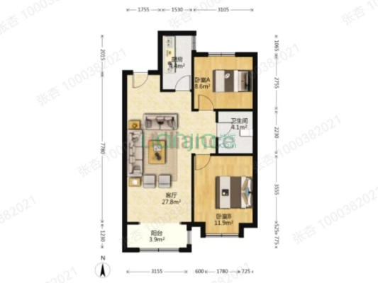 此房为南北通透两居，中上楼层，采光视野好-户型图