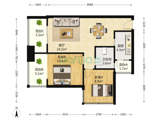 万基兰御 2室1厅1卫 66平方