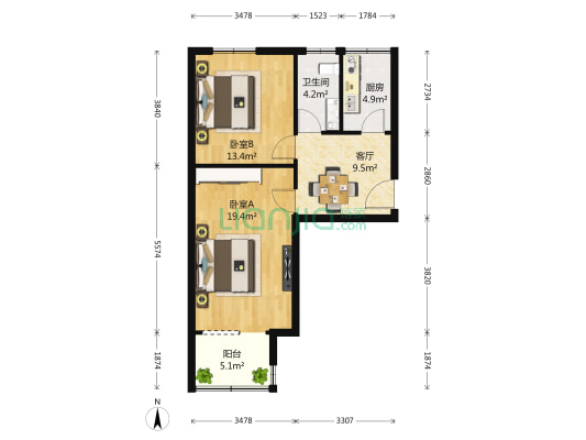 玉泉路16号院 2室1厅1卫 68平方