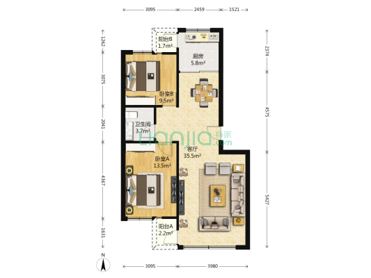 金马圣隆 2室1厅1卫 86平方