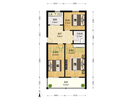 报国寺东夹道1号院 3室1厅1卫 67平方
