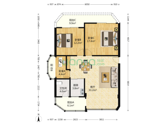 广航大厦 3室1厅1卫 85平方