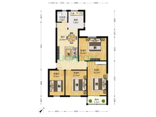红星路二段87号 4室1厅1卫 105平方