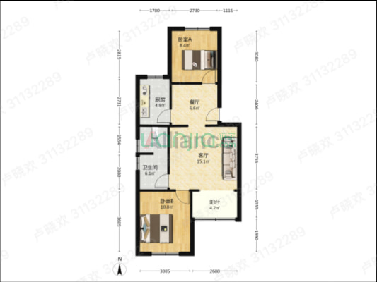 平安小区六号院 2室2厅 南 北-户型图