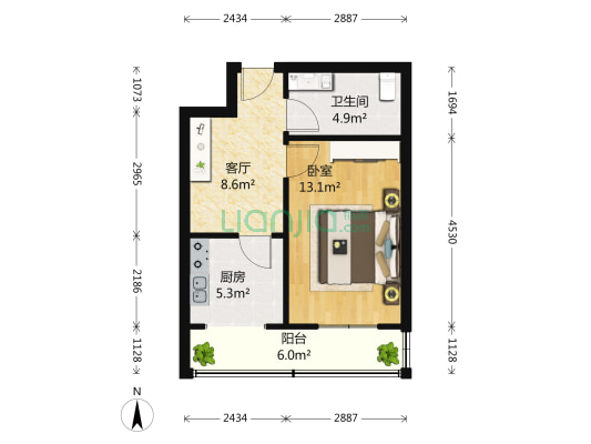 观园公寓 1室1厅1卫 51平方