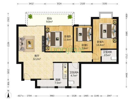 广厦城巢上 3室1厅2卫 109平方