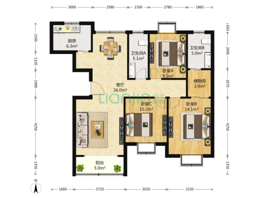 华邦佳苑 3室1厅2卫 126平方