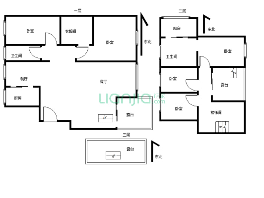 精装5室2厅2卫，带顶楼露台，三连跃层-户型图