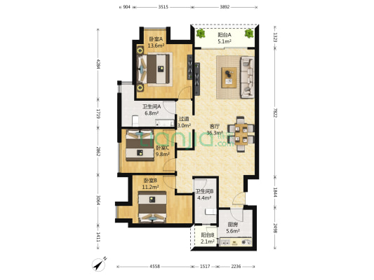 重庆天地雍江翠湖 3室1厅2卫 134平方