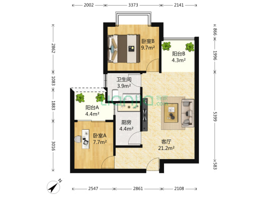 现代城 2室1厅1卫 69平方