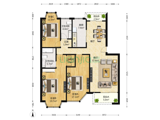 阳光地带花园 3室1厅2卫 137平方
