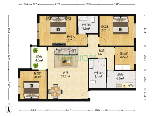 晓初公寓(高新) 3室1厅2卫 133平方