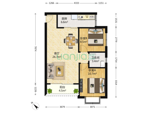 心巢御园 2室1厅1卫 83平方
